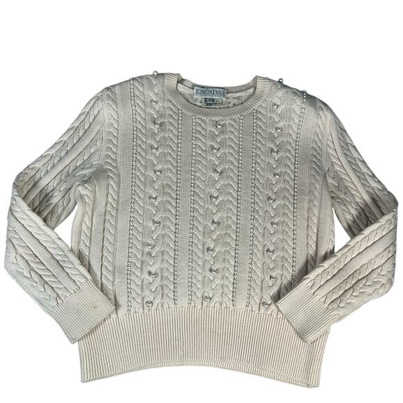 ESCADA by MARGARETHA LEY 100% New Wool Size 42 Cream Tight Knit With Pearls - Picture 7 of 16